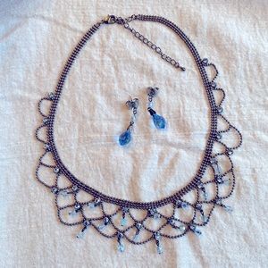 Retired Lia Sophia Blue Crystal Choker and Earrings Set